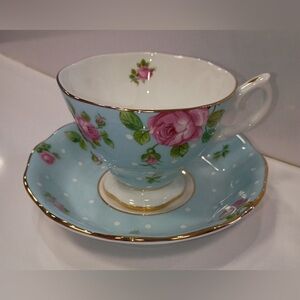 Royal Albert Polka Blue Bone China Teacup and Saucer Set, NEW